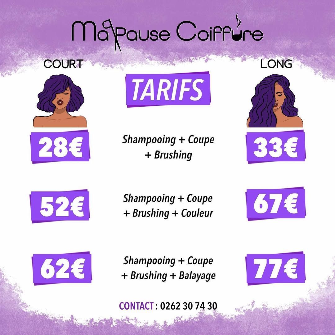 Affiche des tarifs Ma Pause Coiffure : forfaits cheveux courts et longs